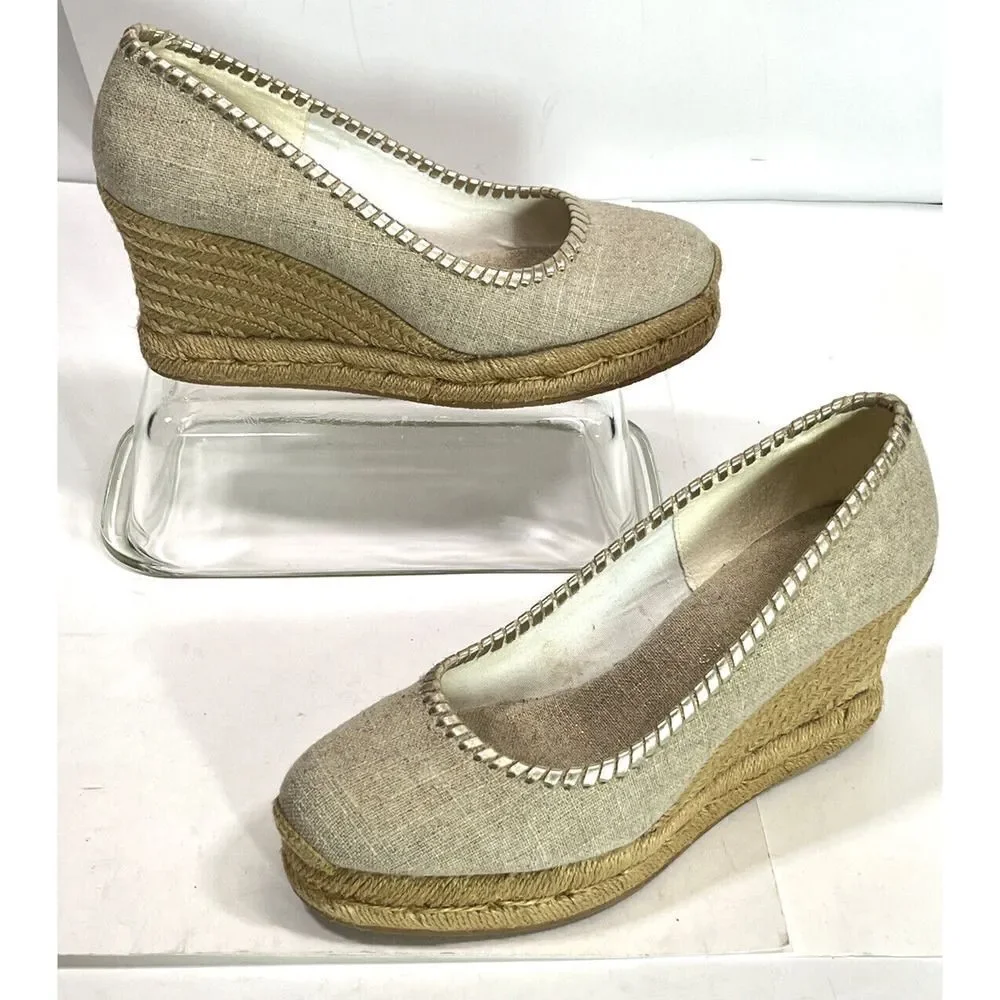 Jack Rogers Palmer Closed Toe Canvas Espadrille Wedge Size‎ 9 Gold Tan
